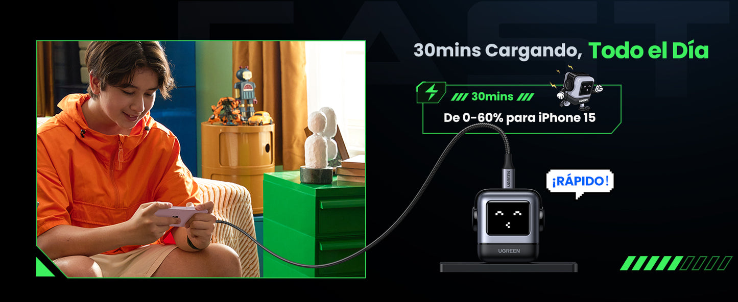 Cargador Mini GaNRobot 30W Nexode | 1 USB-C de Carga Rápida | Tecnología GaN II | Carga Inteligente | Pantalla LED | Thermal Guard | Color Negro.