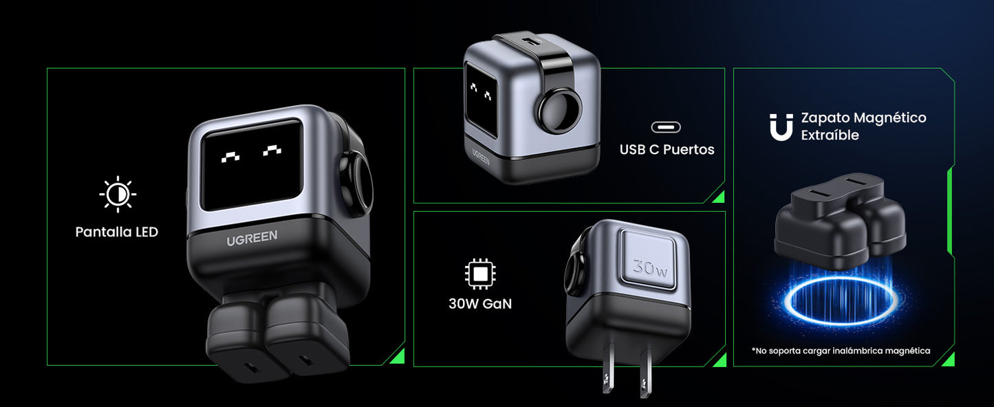 Cargador Mini GaNRobot 30W Nexode | 1 USB-C de Carga Rápida | Tecnología GaN II | Carga Inteligente | Pantalla LED | Thermal Guard | Color Negro.