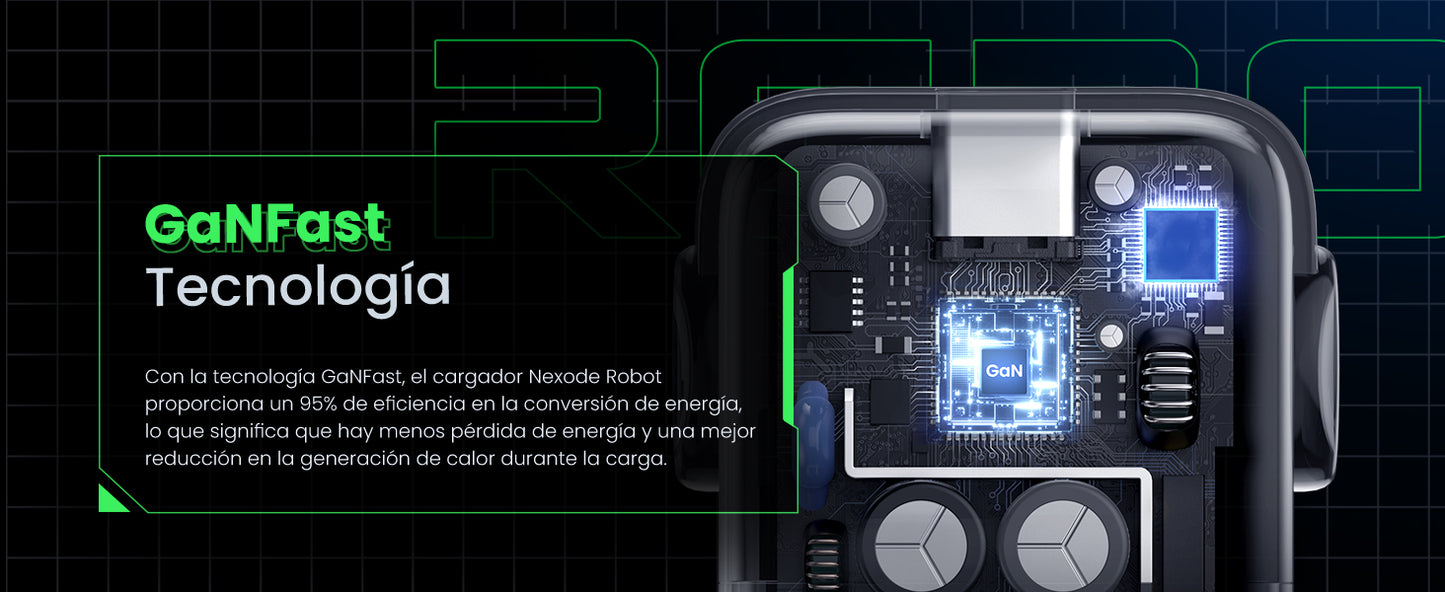 Cargador Mini GaNRobot 30W Nexode | 1 USB-C de Carga Rápida | Tecnología GaN II | Carga Inteligente | Pantalla LED | Thermal Guard | Color Negro.