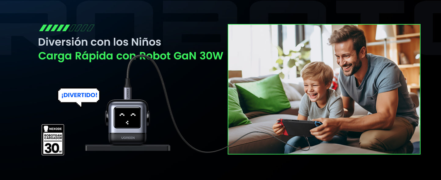 Cargador Mini GaNRobot 30W Nexode | 1 USB-C de Carga Rápida | Tecnología GaN II | Carga Inteligente | Pantalla LED | Thermal Guard | Color Negro.