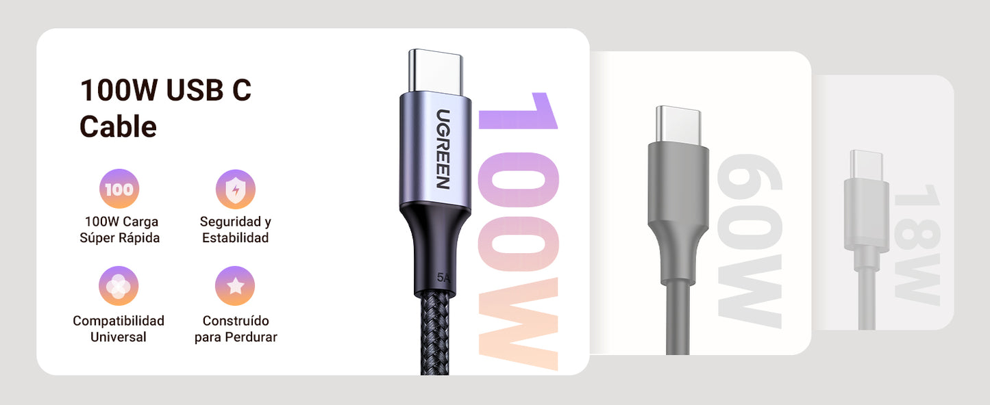 Cable USB-C a USB-C | 1 Metro | Carga Rápida 100W,  Transfer de datos 480 Mbps | Color Negro.