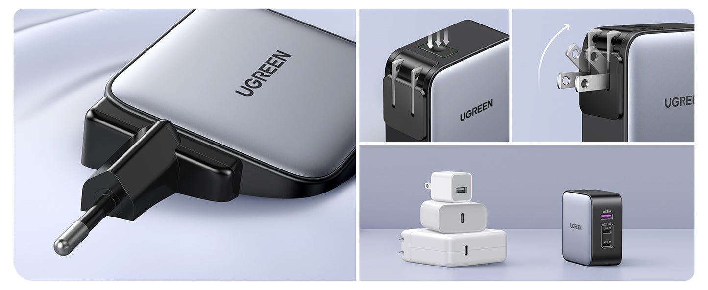 Cargador Universal de Viaje 65W | Contiene 3 Enchufes Internacionales (EU/UK/US) | Serie Nexode | 3 Puertos de Carga Rápida | 2 USB-C | 1 USB-A