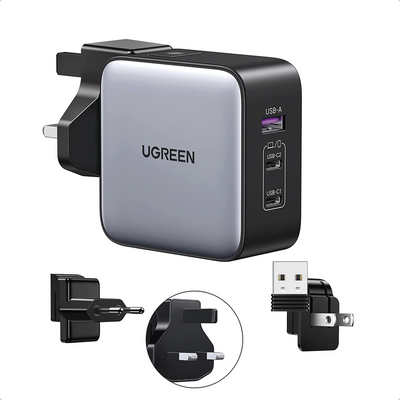 Cargador Universal de Viaje 65W | Contiene 3 Enchufes Internacionales (EU/UK/US) | Serie Nexode | 3 Puertos de Carga Rápida | 2 USB-C | 1 USB-A